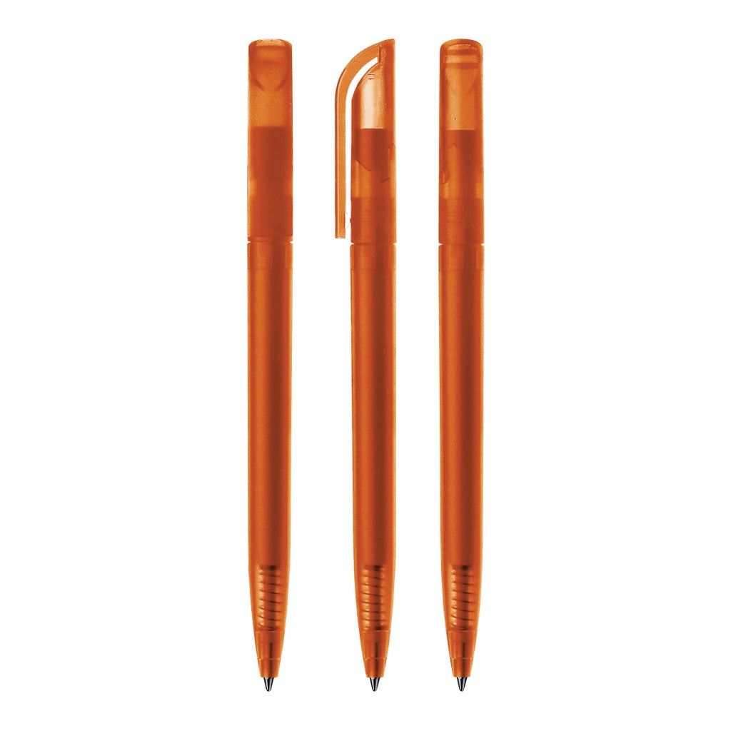 Drehkugelschreiber transparent frozen mit gebogenem Clip – Orange
