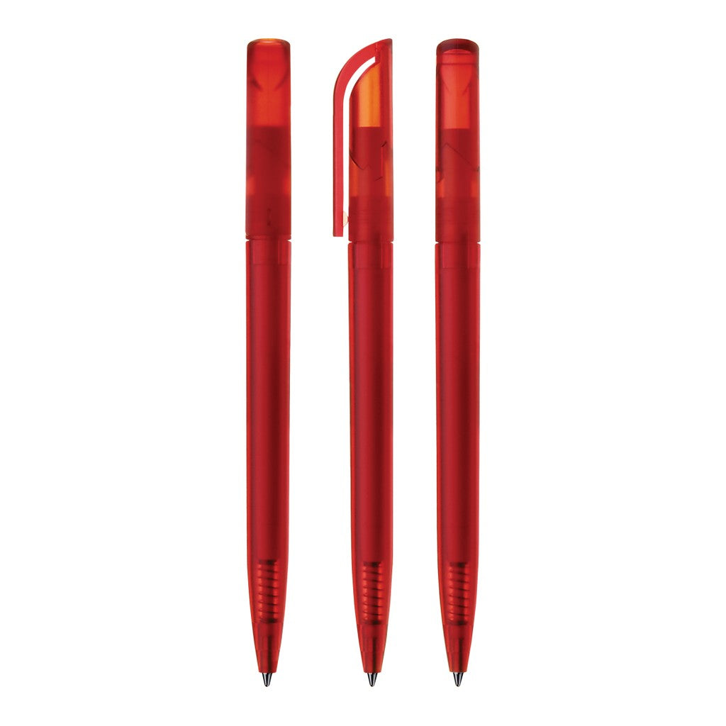 Drehkugelschreiber transparent frozen mit gebogenem Clip – Rot
