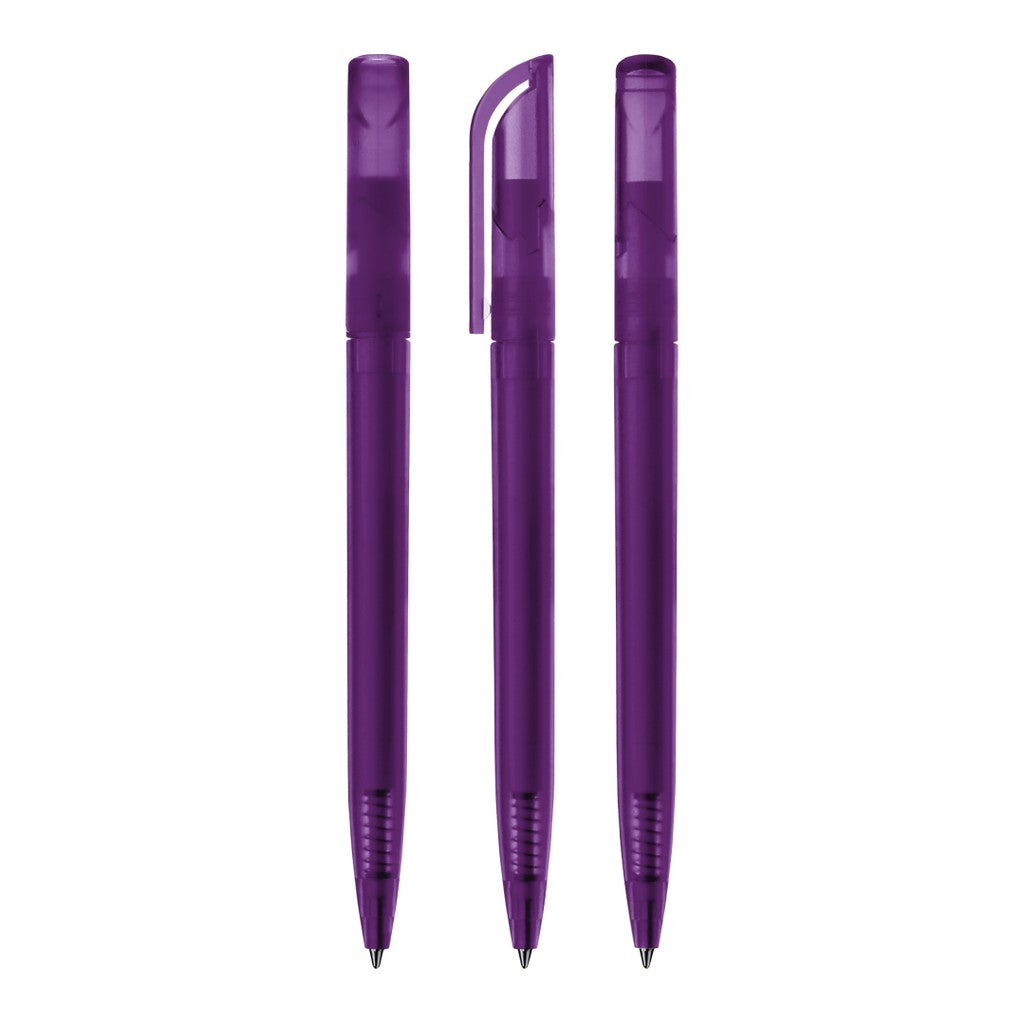 Drehkugelschreiber transparent frozen mit gebogenem Clip – Violett
