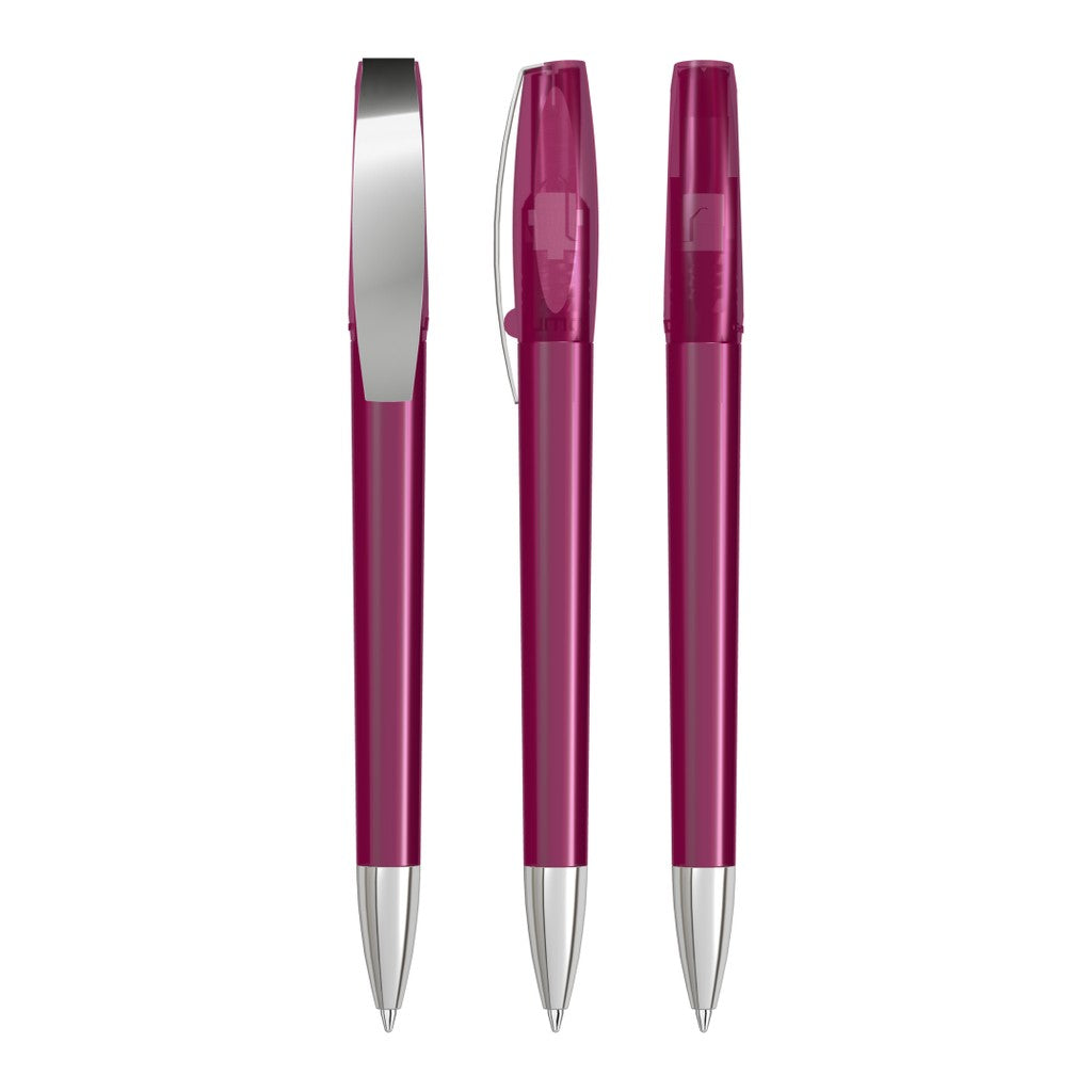Drehkugelschreiber transparent glänzend mit Chromclip – Magenta