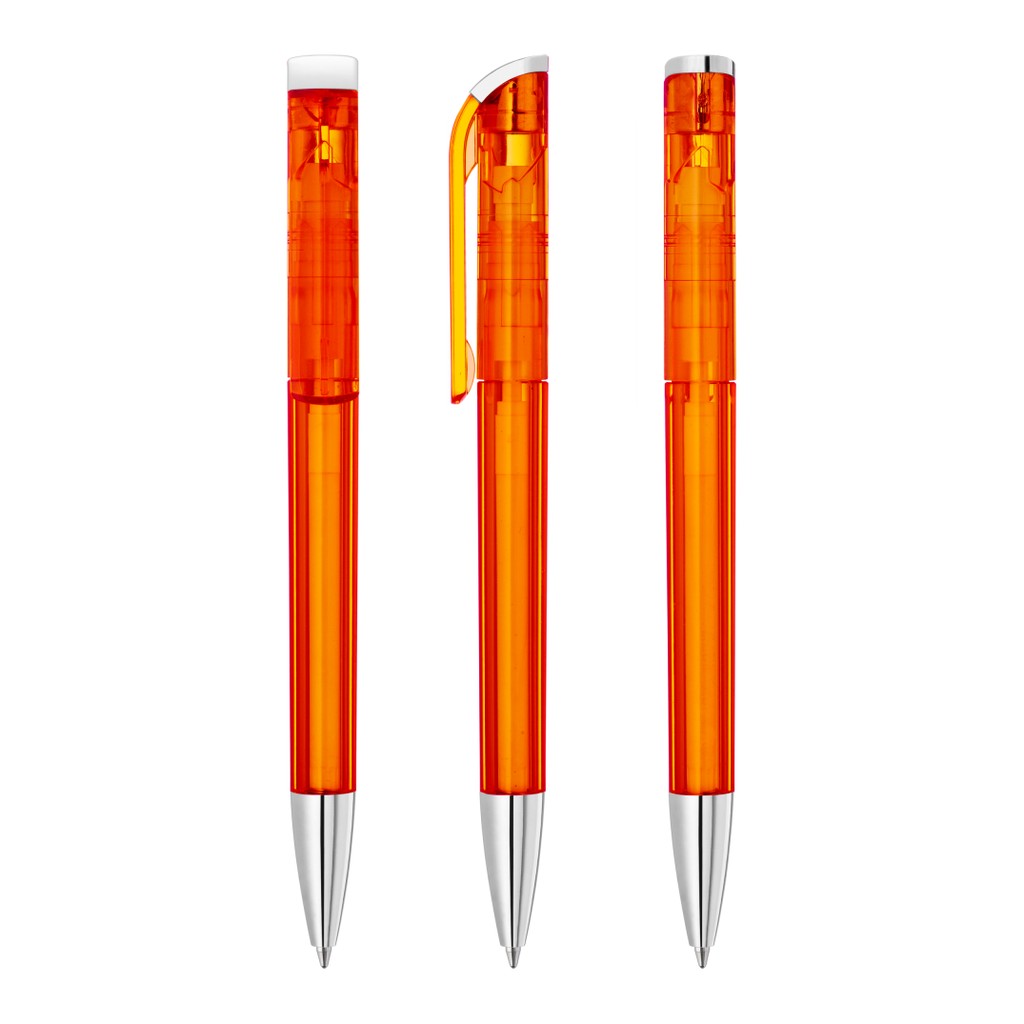 Drehkugelschreiber transparent glänzend mit Chromstopfen – Orange