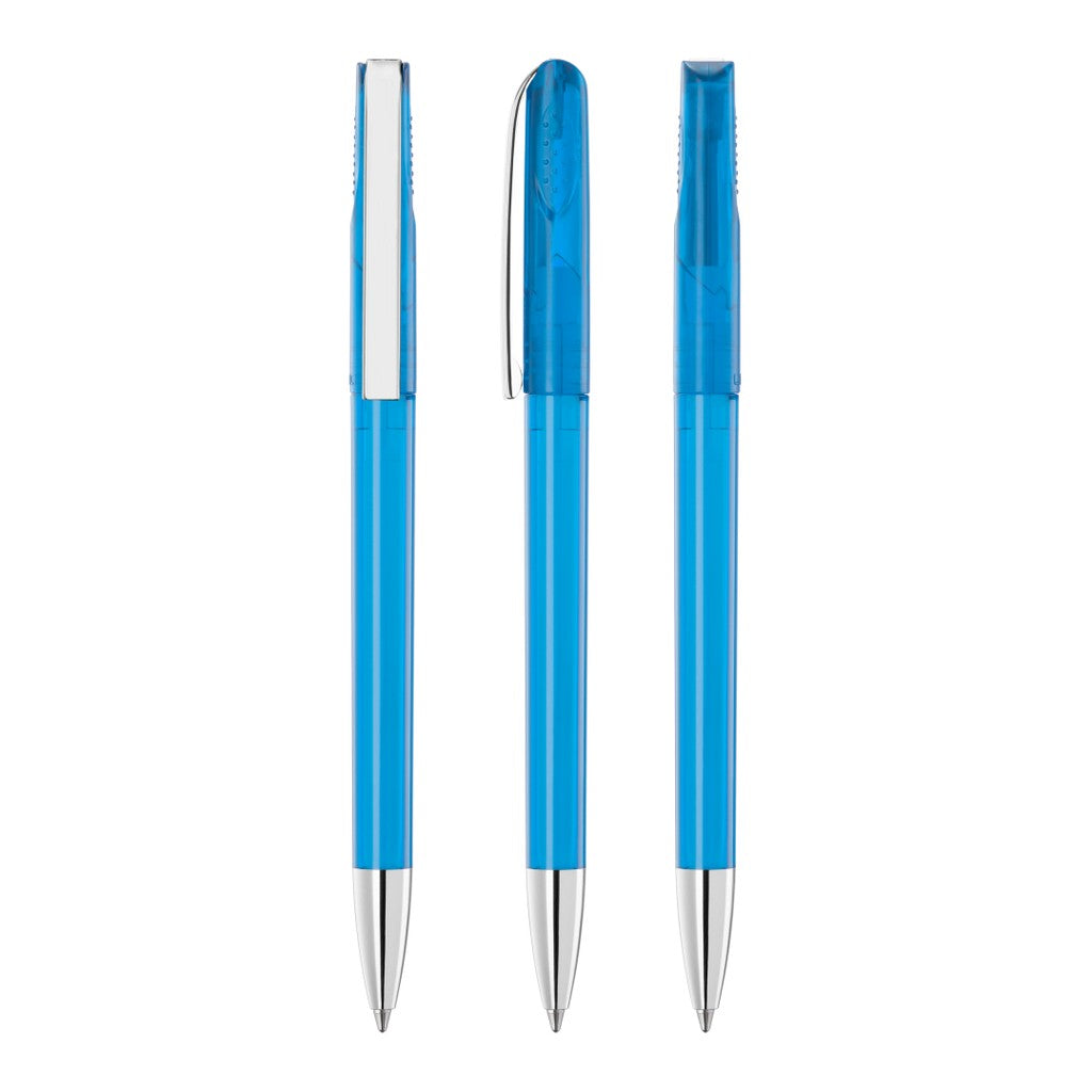 Drehkugelschreiber transparent glänzend mit Kopfrippen – Hellblau