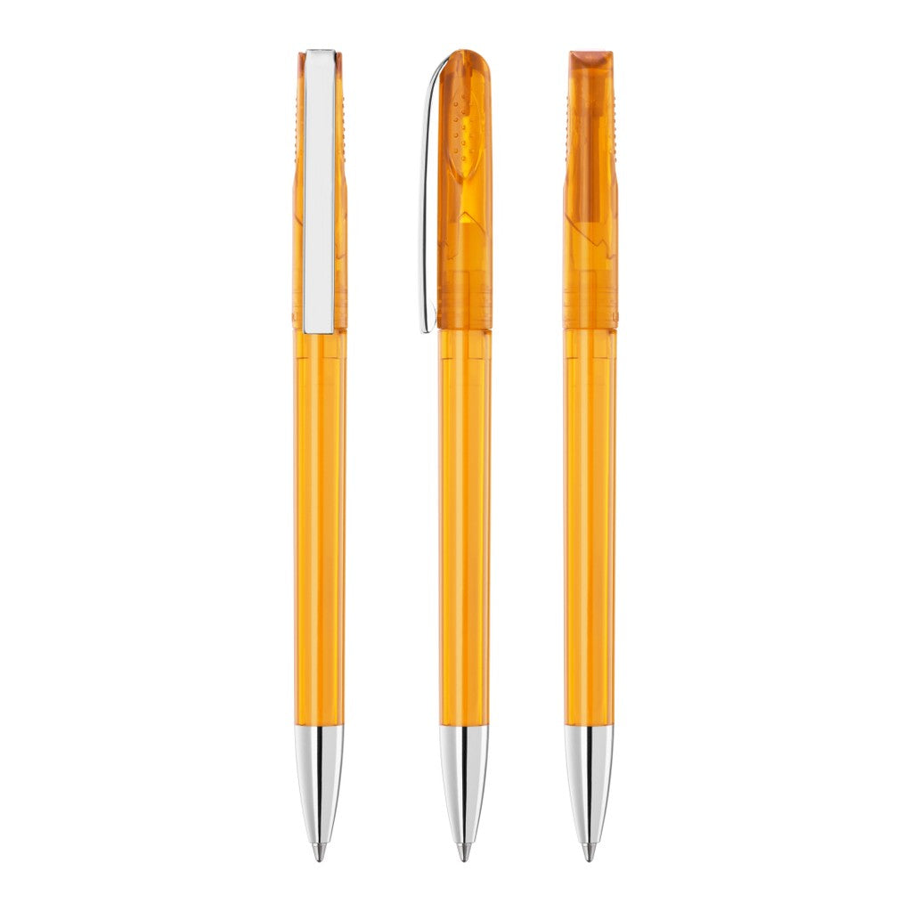 Drehkugelschreiber transparent glänzend mit Kopfrippen – Ocker
