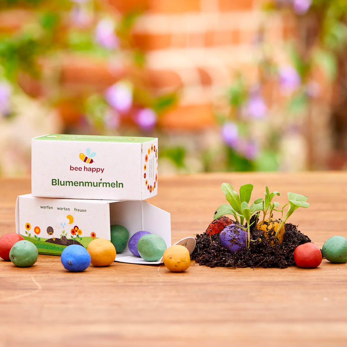 12 bunte Blumenmurmeln aus Erde,Ton und Saatgut
