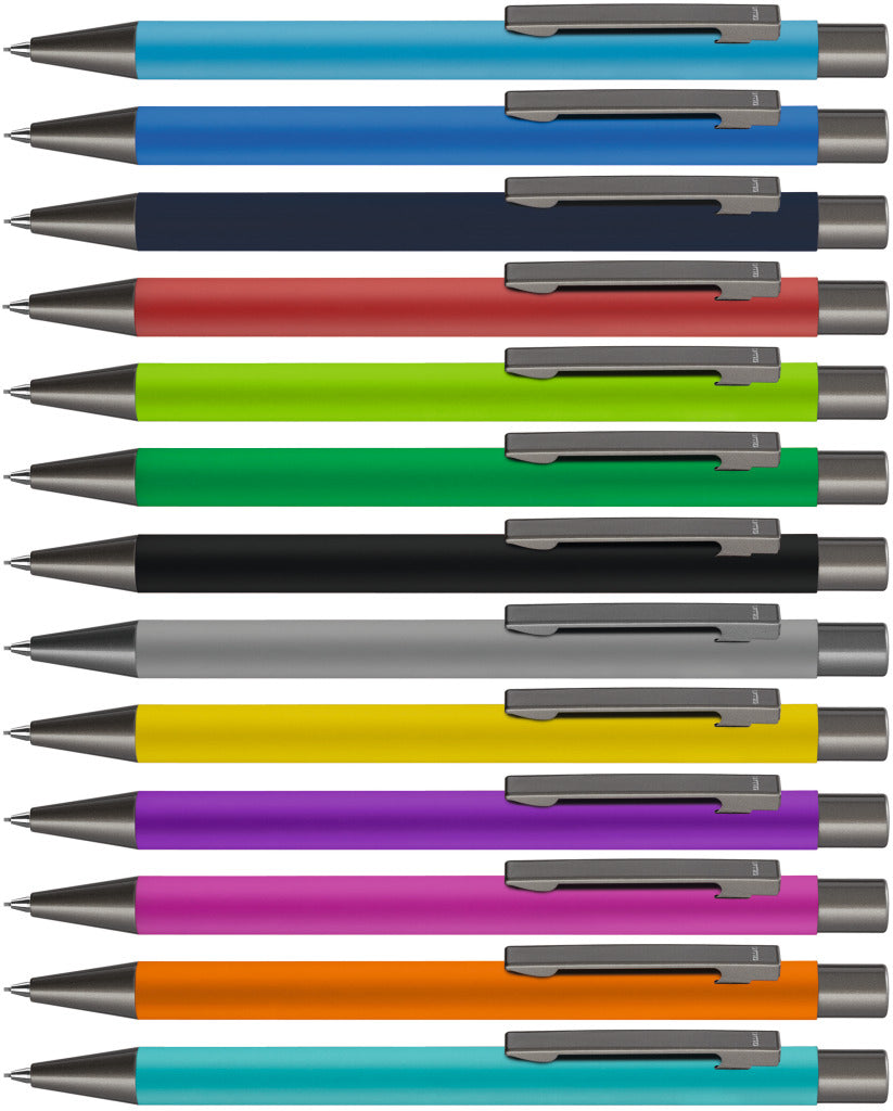 Druckbleistift mit gummiertem Gehäuse und Flachclip – alle Farben