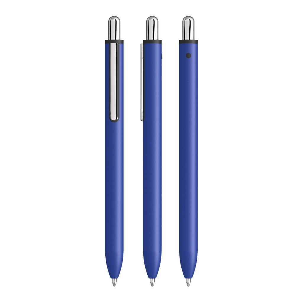 Druckkugelschreiber aus mattem Metall mit Chromclip – Mittelblau