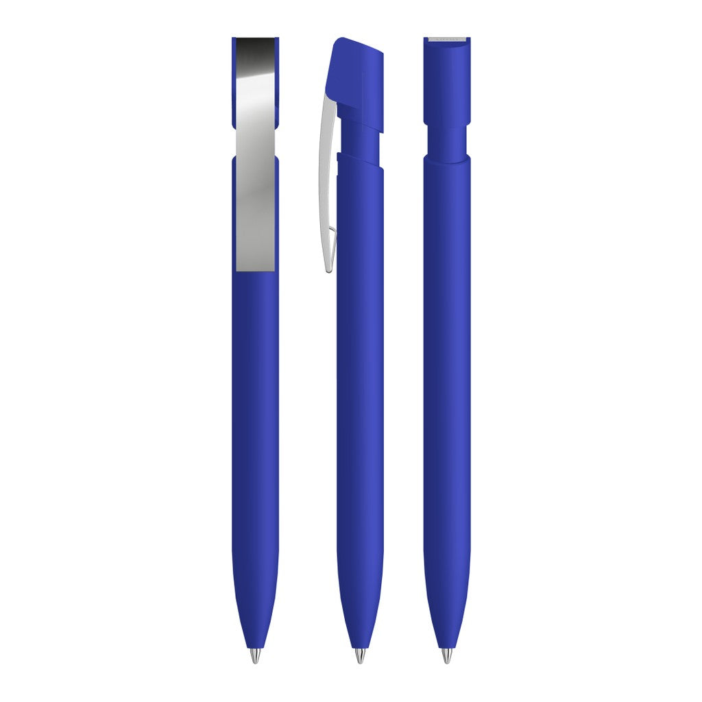Druckkugelschreiber gummiert mit flexiblem Metallclip – Dunkelblau