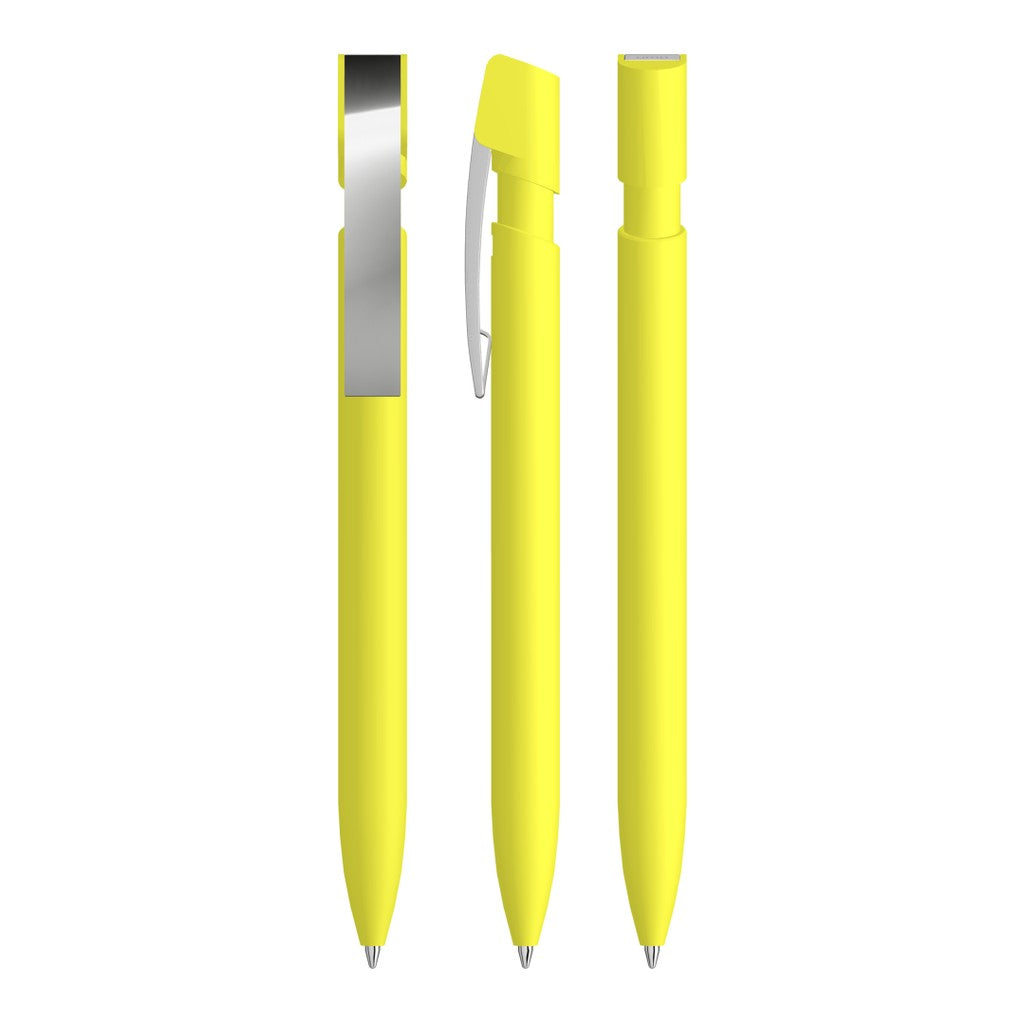 Druckkugelschreiber gummiert mit flexiblem Metallclip – Gelb