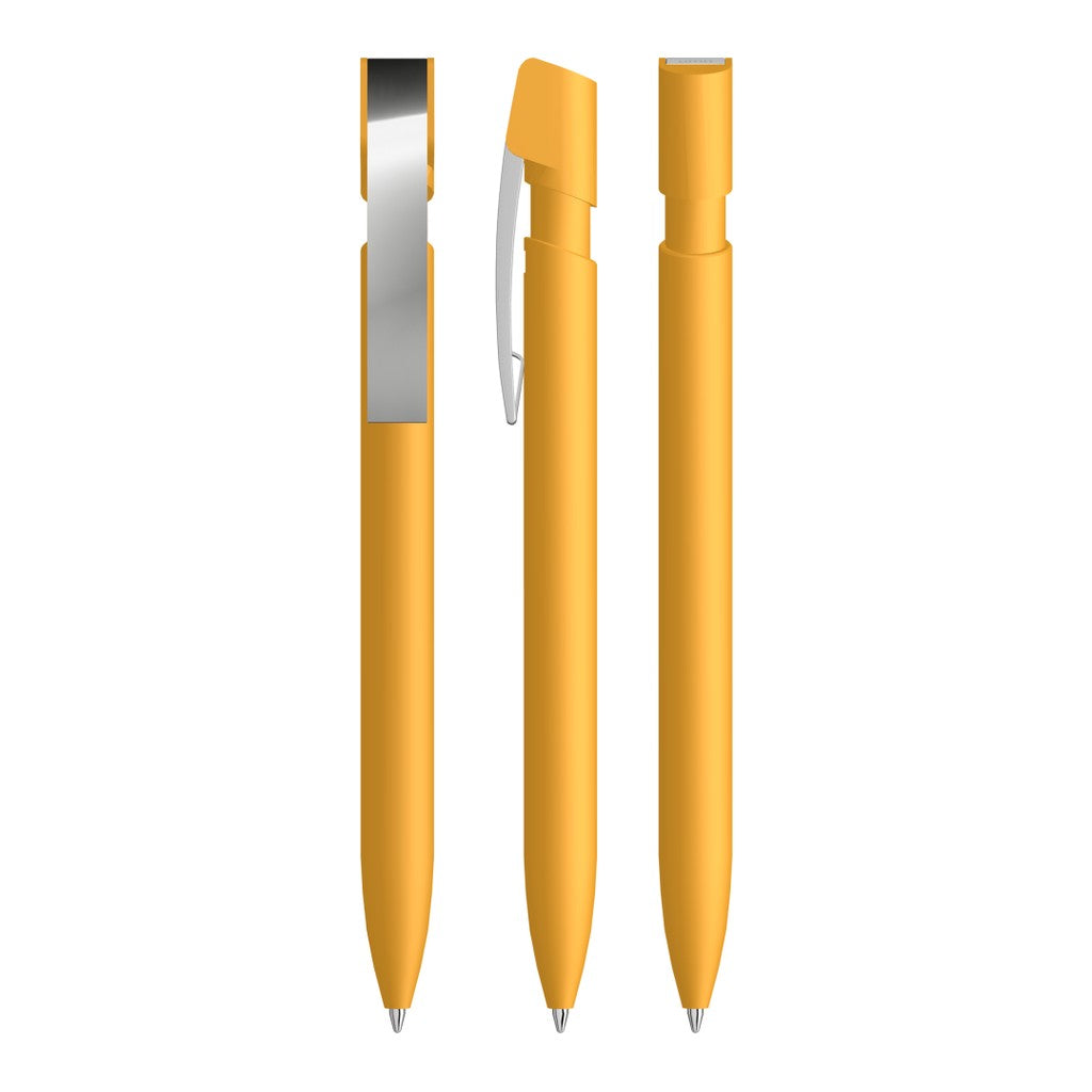 Druckkugelschreiber gummiert mit flexiblem Metallclip – Ocker