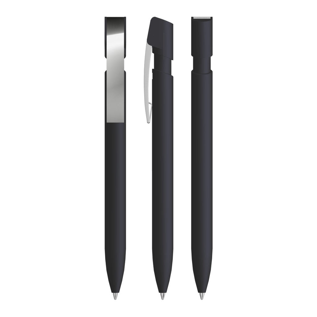 Druckkugelschreiber gummiert mit flexiblem Metallclip – Schwarz