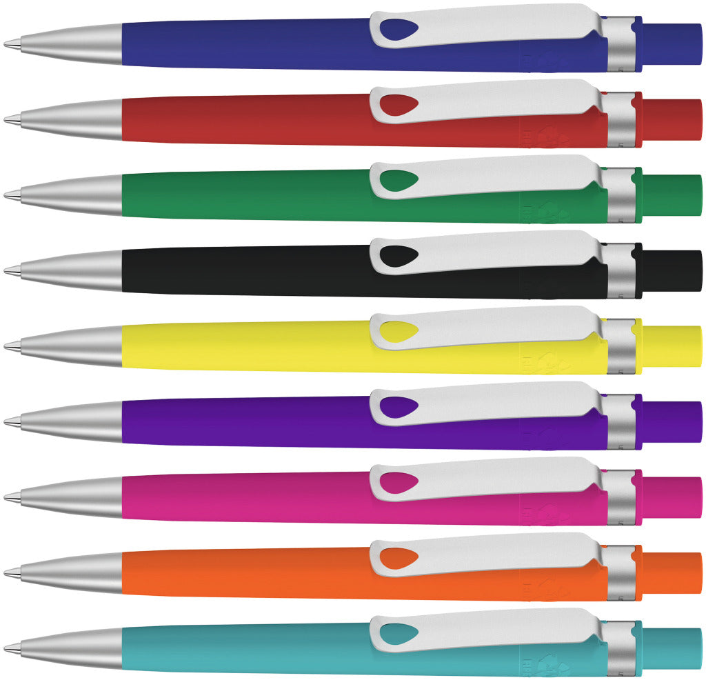 Druckkugelschreiber gummiert mit Tropfenclip, Metallspitze – alle Farben