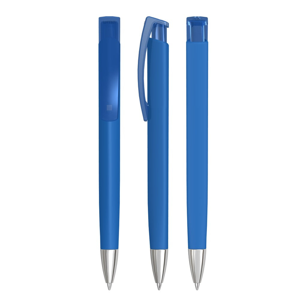 Druckkugelschreiber matt mit transparentem Clip und Spitze – Mittelblau