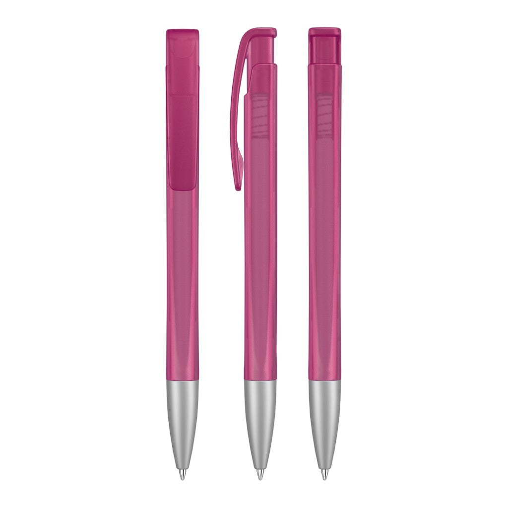 Druckkugelschreiber mit geometrischem Schaft transparent – Magenta