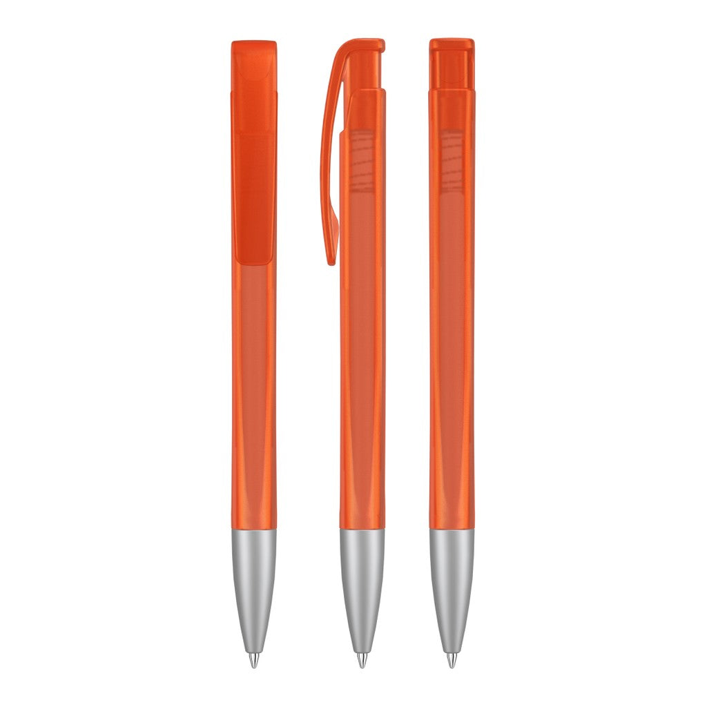 Druckkugelschreiber mit geometrischem Schaft transparent – Orange