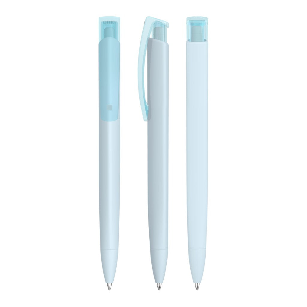 Druckkugelschreiber mit Gum Griff und transparentem Clip – Pastell blau