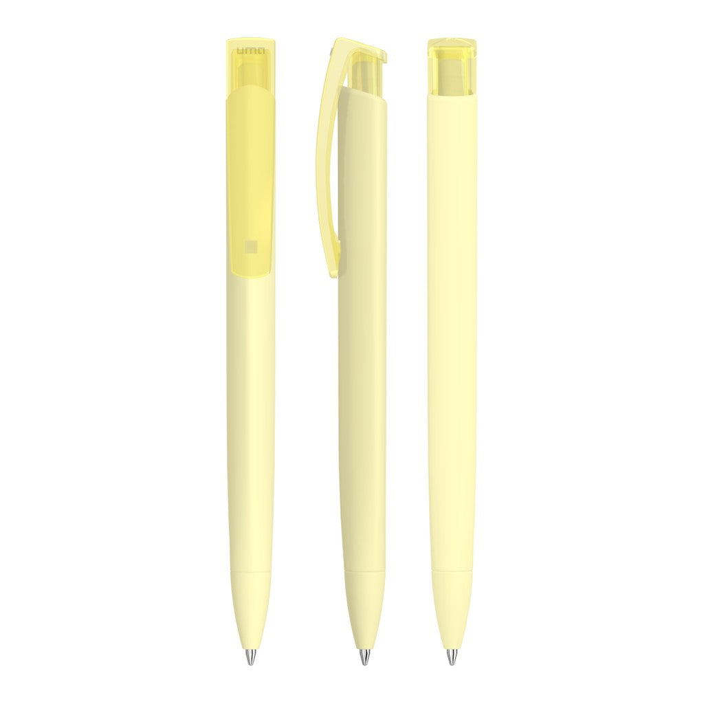 Druckkugelschreiber mit Gum Griff und transparentem Clip – Pastell gelb