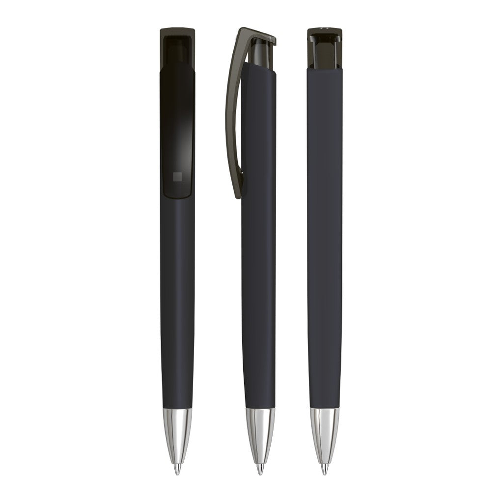 Druckkugelschreiber mit Gum Griff und verchromter Spitze – Schwarz