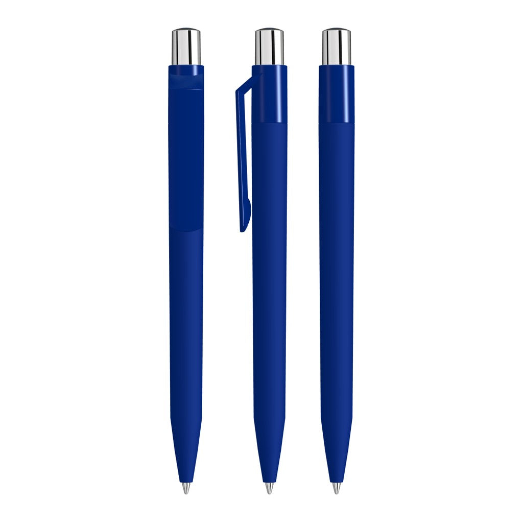 Druckkugelschreiber mit Soft Touch Schaft und gedecktem Clip – Dunkelblau