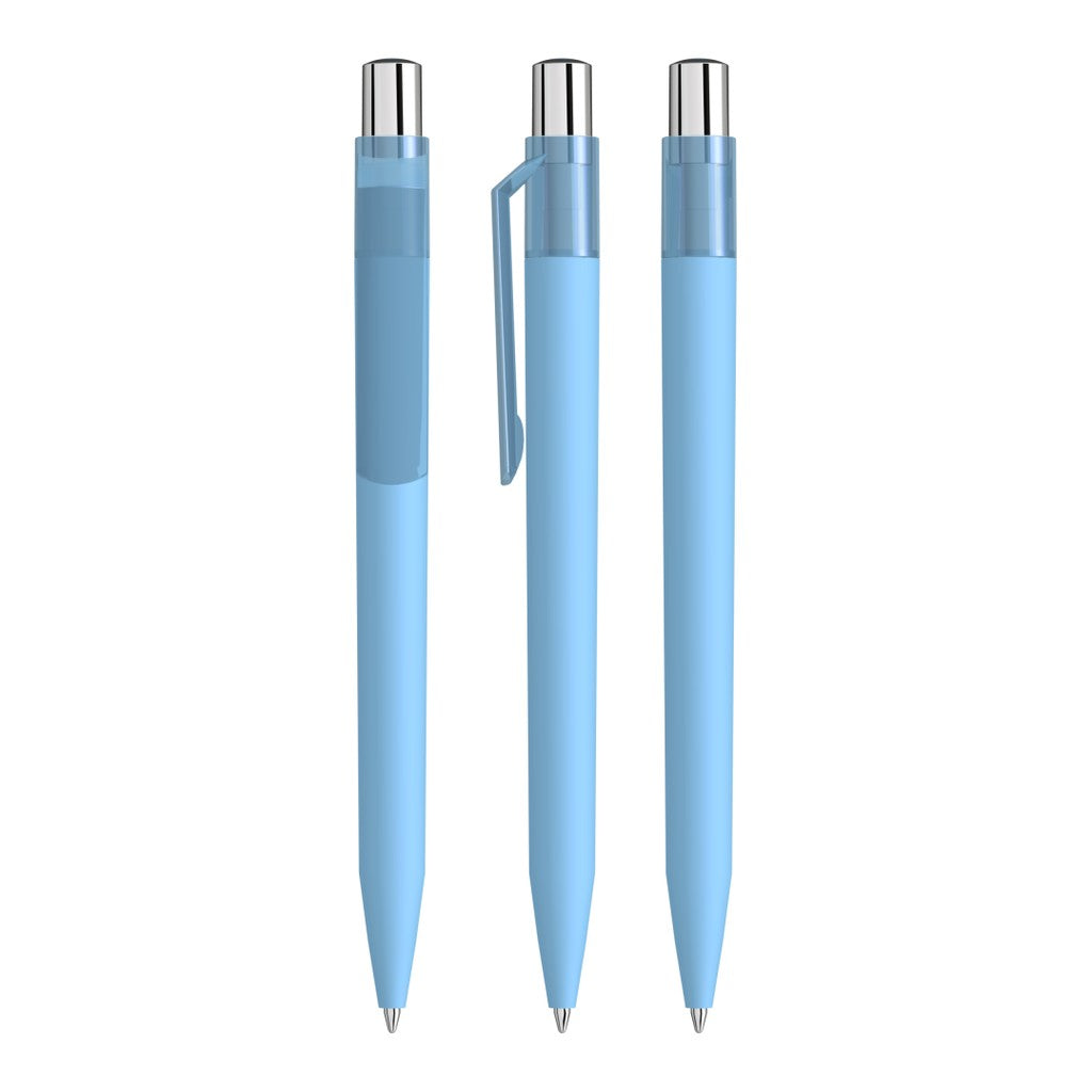 Druckkugelschreiber mit Soft Touch Schaft und Silberdrücker – Hellblau