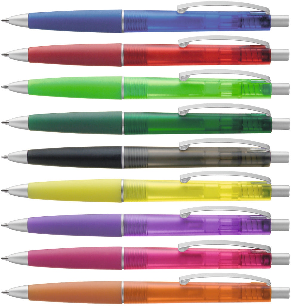 Druckkugelschreiber transparent frozen mit Metallclip – alle Farben