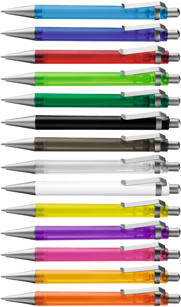 Druckkugelschreiber transparent frozen mit Metallspitze – alle Farben