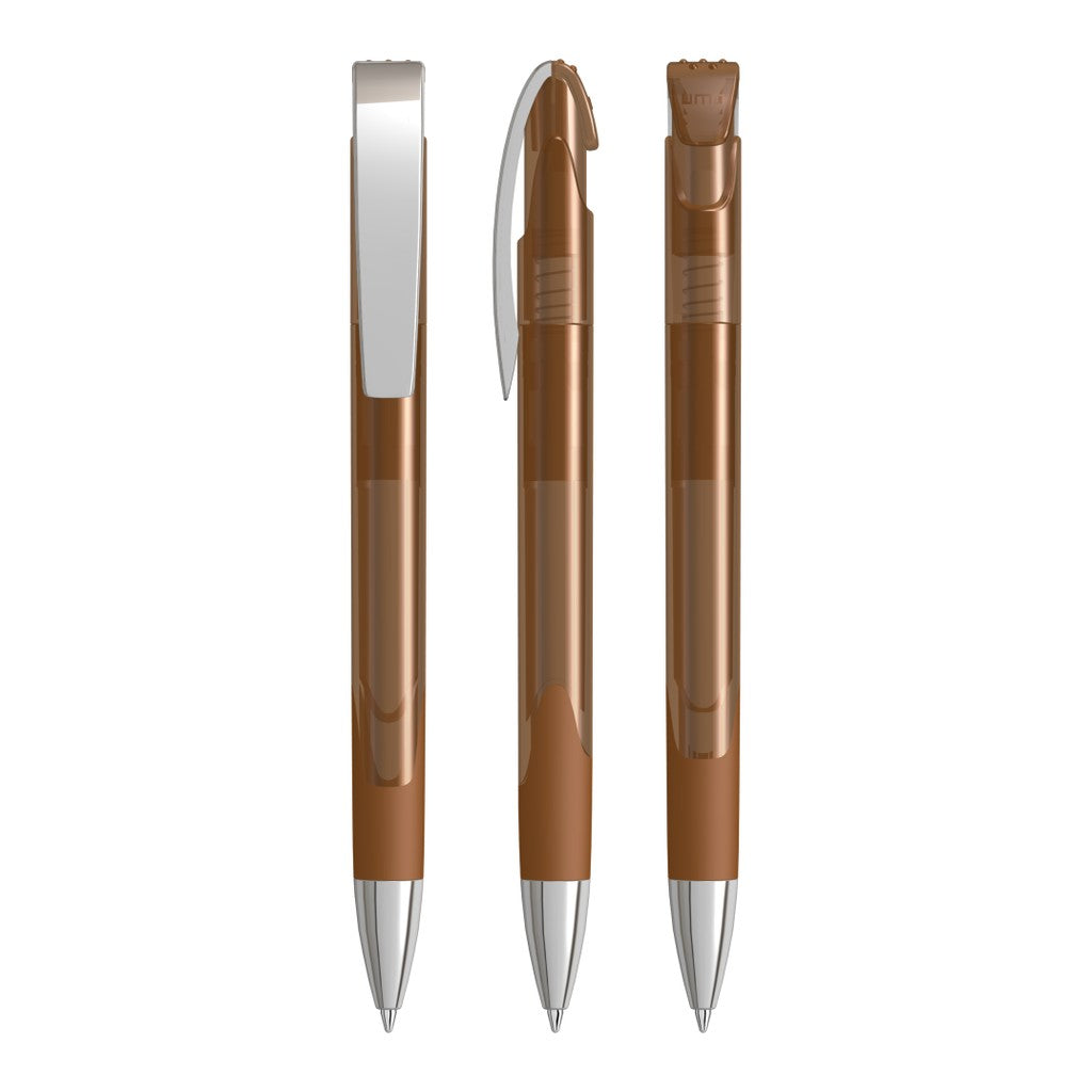 Druckkugelschreiber transparent glänzend mit Metallclip – Braun
