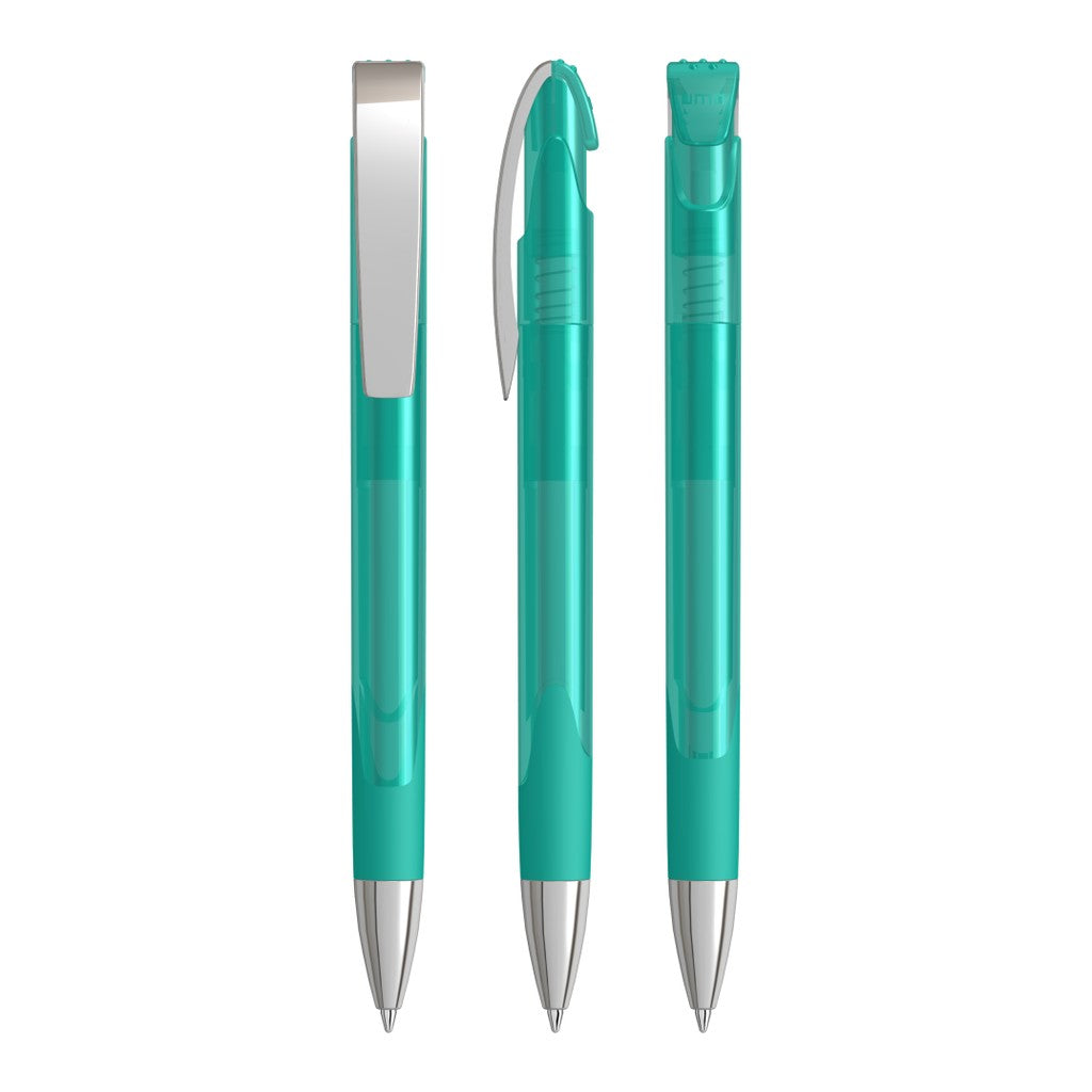 Druckkugelschreiber transparent glänzend mit Metallclip – Petrol