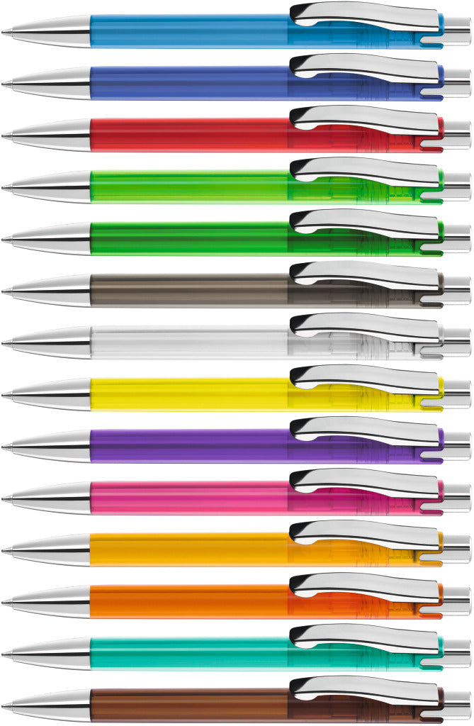 Druckkugelschreiber transparent mit Metallclip – alle Farben