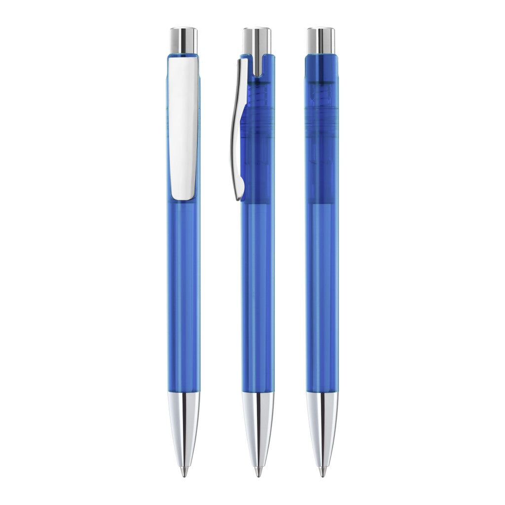 Druckkugelschreiber transparent mit Metallclip – Dunkelblau