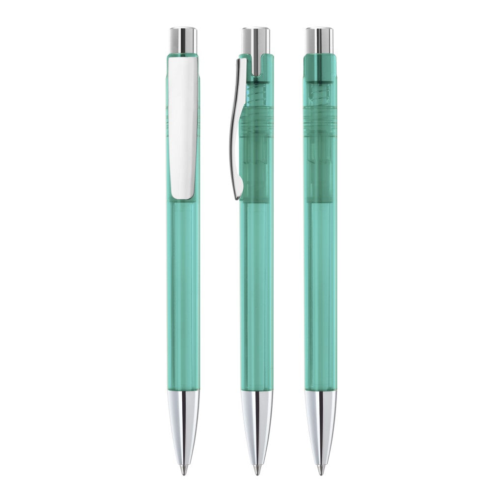 Druckkugelschreiber transparent mit Metallclip – Petrol
