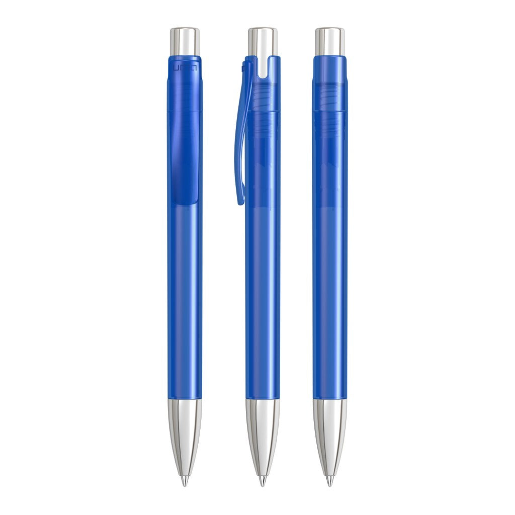 Druckkugelschreiber transparent mit schwerer Spitze – Dunkelblau