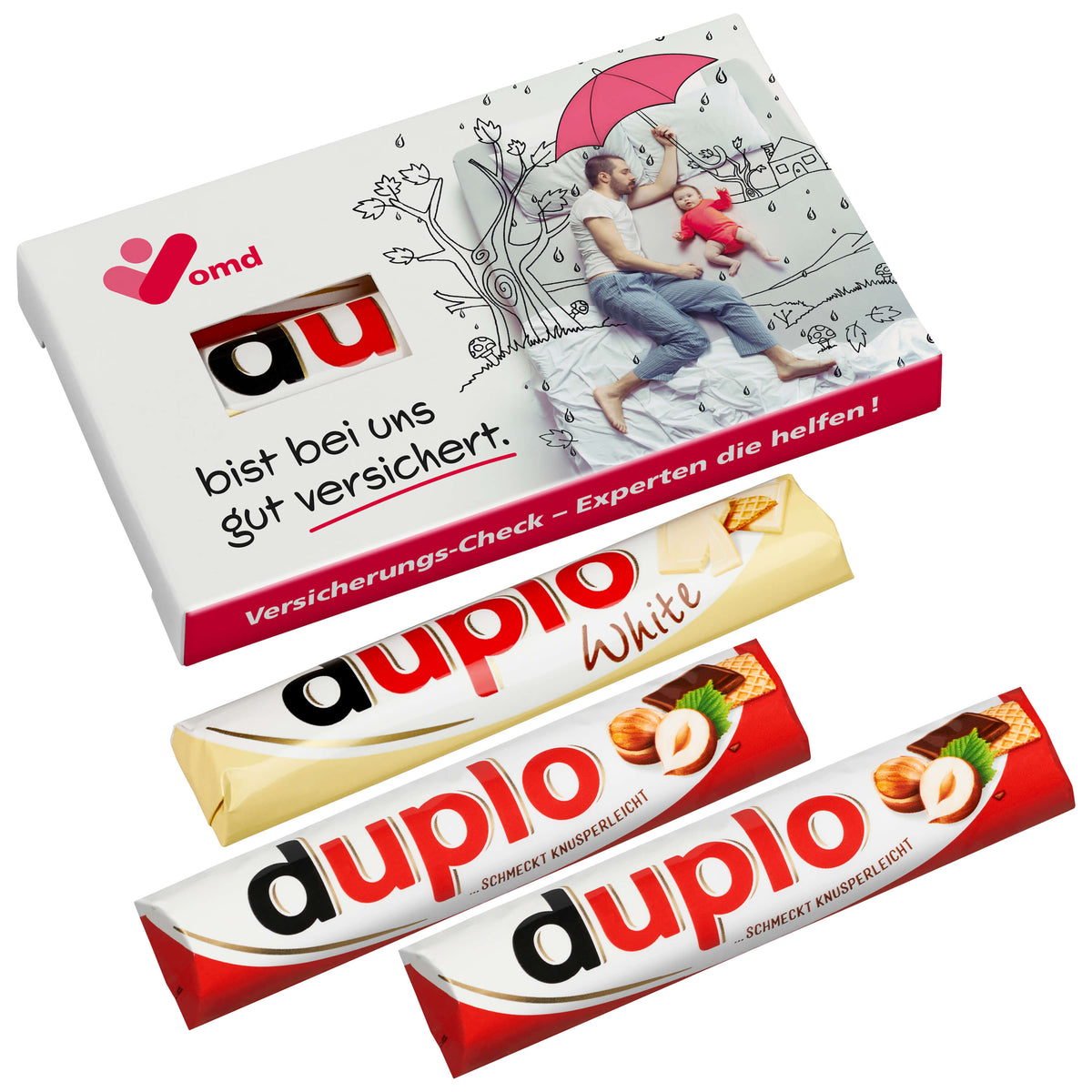 duplo 3er Pack in bedruckter Werbeverpackung mit Sichtfenster