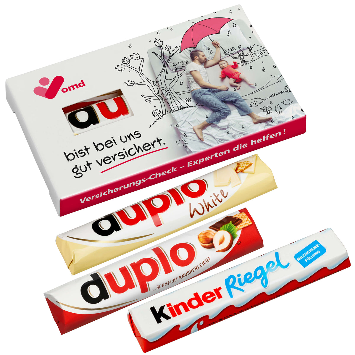 duplo und Kinder Riegel im 3er Pack mit Sichtfenster in individuell bedruckter Verpackung