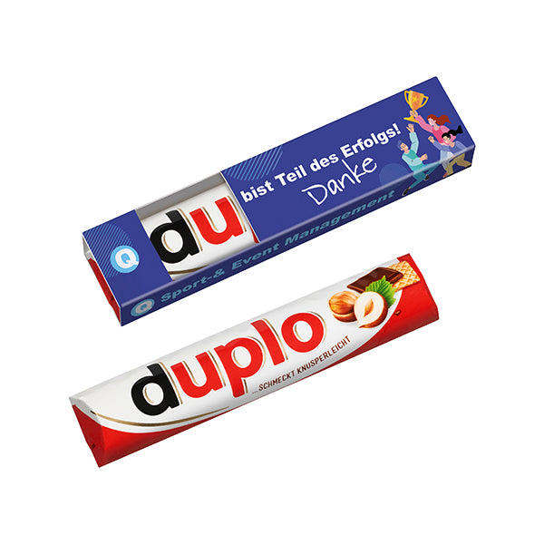 duplo Riegel im bedruckten Werbeschuber mit Sichtfenster, Vorderseite