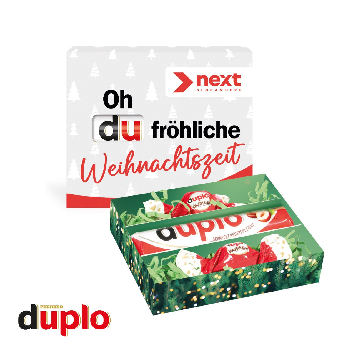 Weihnachtliches duplo Präsent in vollflächig bedruckter Werbekartonage