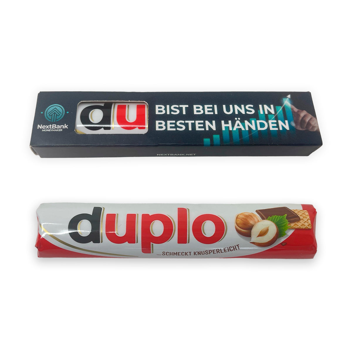 duplo Riegel im bedruckten Werbeschuber mit Sichtfenster