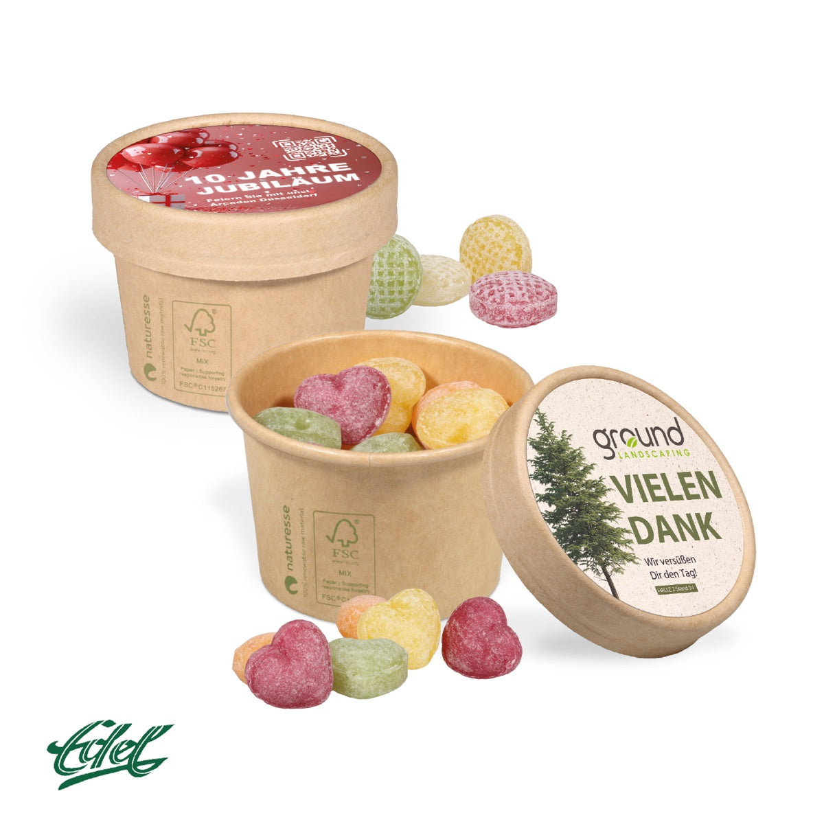 Kartonbecher mit Bonbons und individuell bedrucktem Deckeleinleger