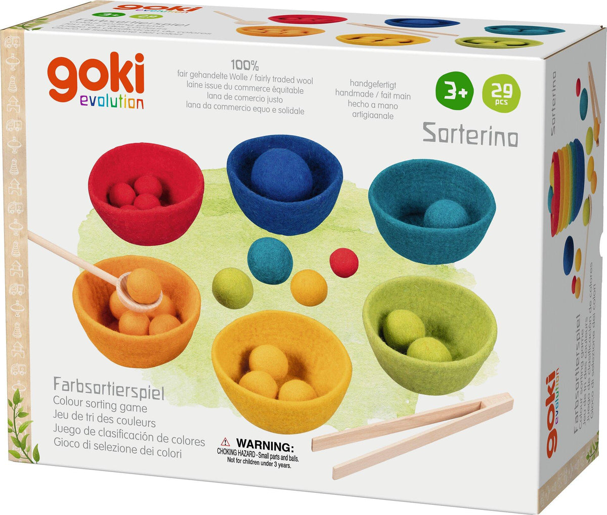 Farbsortierspiel Sorterino mit Filzschalen und Holzzange – weitere Ansicht