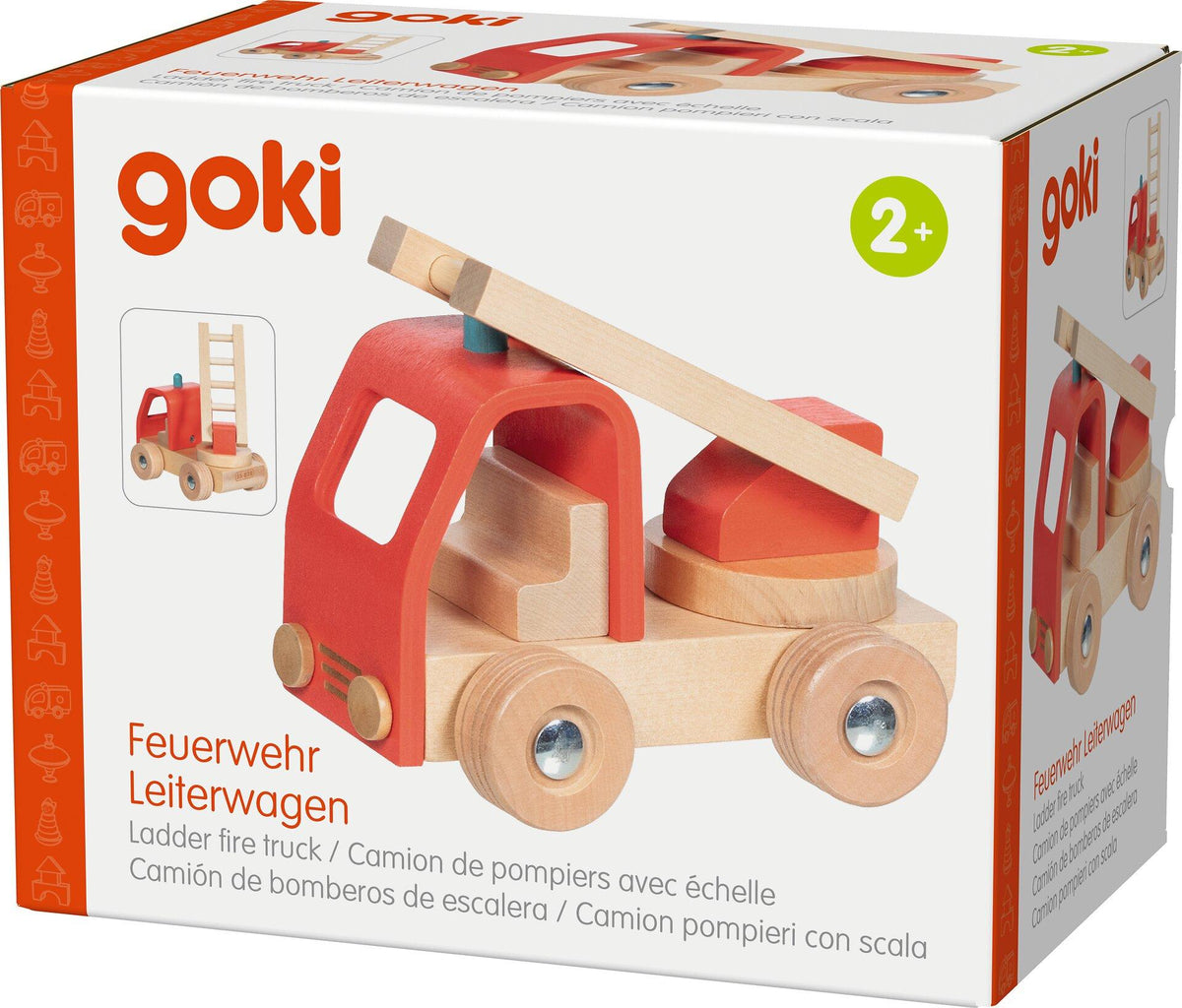 Feuerwehr Leiterwagen aus Holz von goki – Gesamtansicht