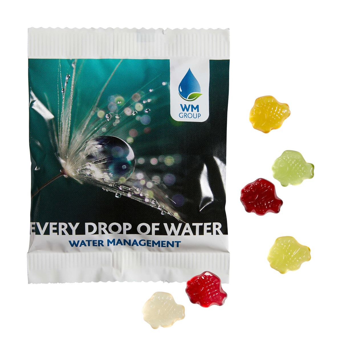Fruchtgummi im breiten Werbetütchen 100 x 75 mm mit Logo auf der Vorderseite