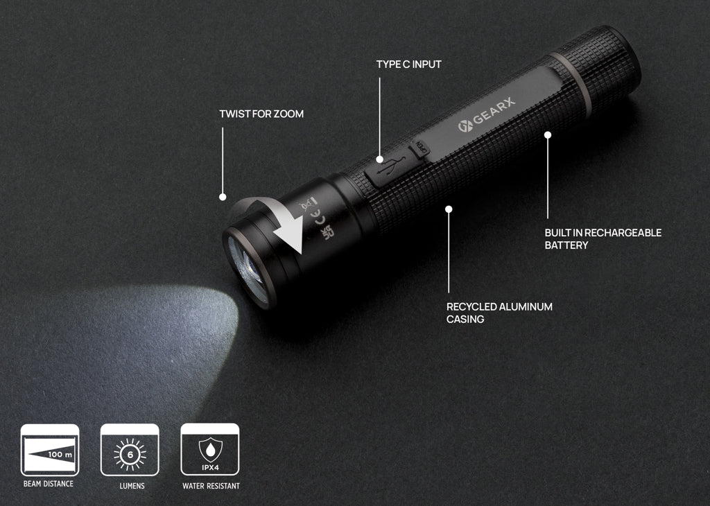 Gear X Taschenlampe aus RCS recycelt. Aluminium mit USB-Akku