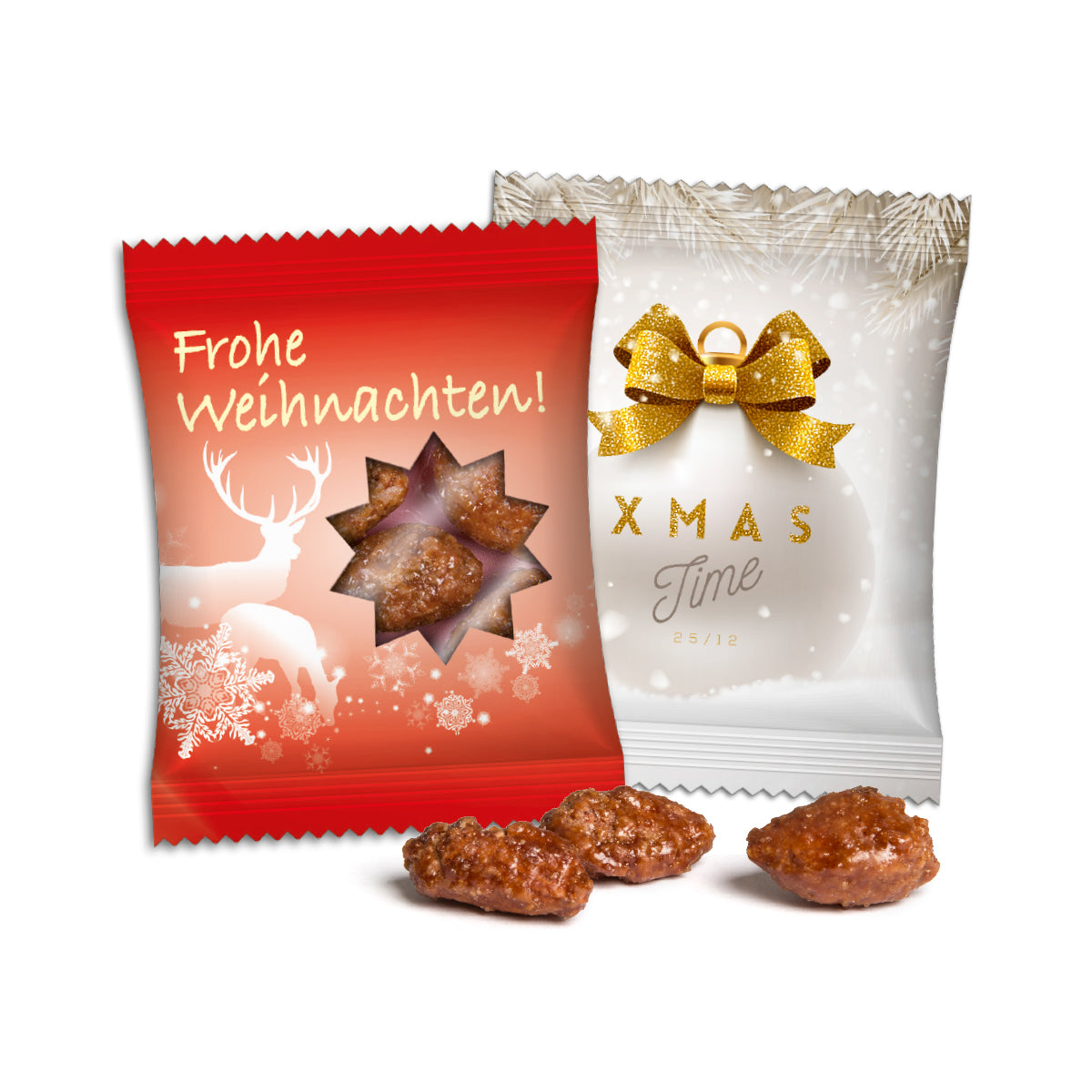 Gebrannte Mandeln im Standardtütchen mit Weihnachtsmotiv