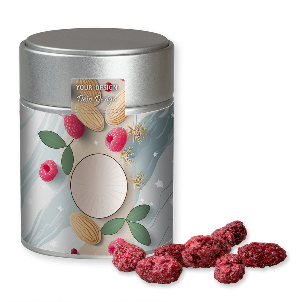 Gebrannte Mandeln in der Metalldose Midi silber – Gebrannte Mandeln Himbeere, ca. 100 g