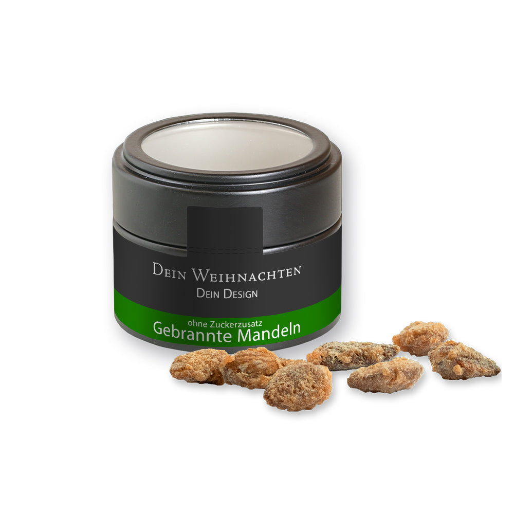 Gebrannte Mandeln in der schwarzen Metalldose Mini – Feuergebrannte Mandeln ohne Zuckerzusatz, ca. 60 g