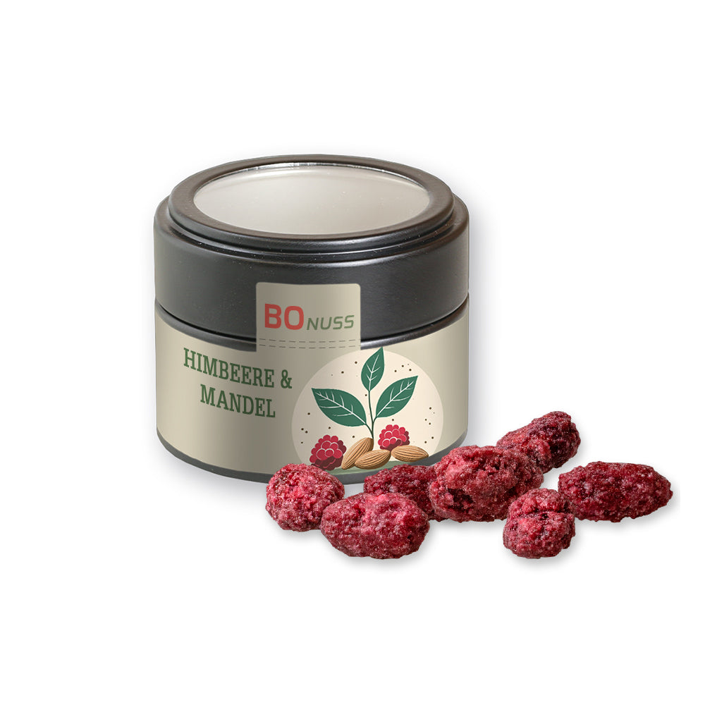 Gebrannte Mandeln in der schwarzen Metalldose Mini – Gebrannte Mandeln Himbeere, ca. 60 g