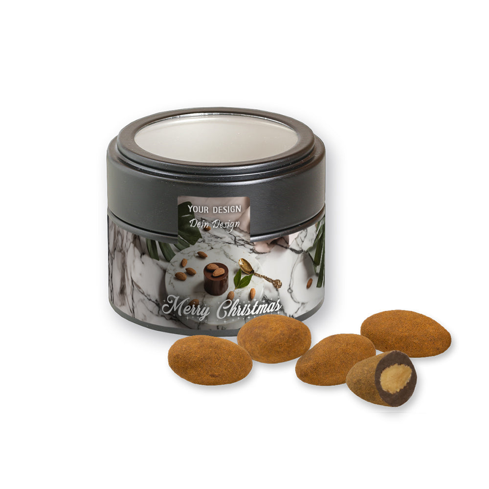Gebrannte Mandeln in der schwarzen Metalldose Mini – Schokomandeln mit Zimt, ca. 60 g
