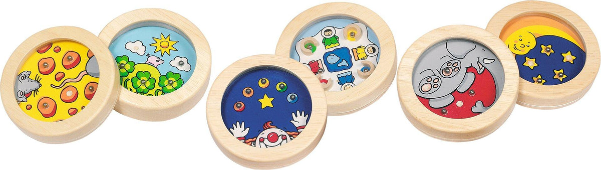 Geduldspiel mit Stahlkugeln, Ø 8 cm, sechs Motive – Ansicht