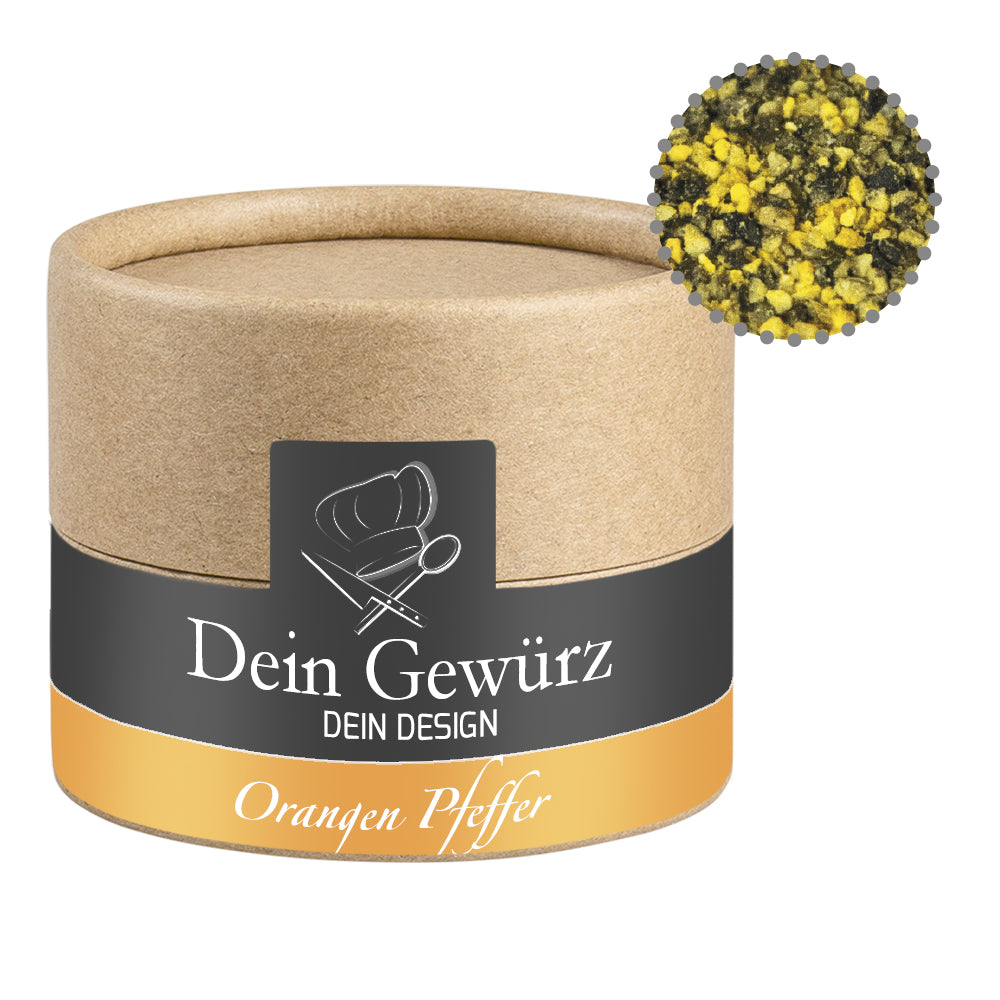 Gewürze und Salz in der kleinen Kraftpapierdose – Gewürzmischung Orangen Pfeffer, ca. 40 g