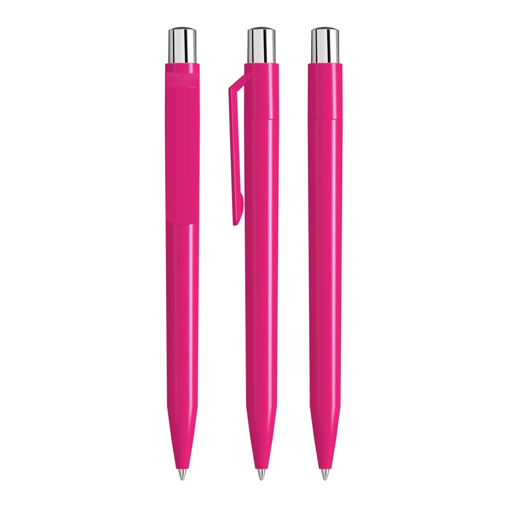 Glänzender Druckkugelschreiber mit farbigem Stopfen – Magenta