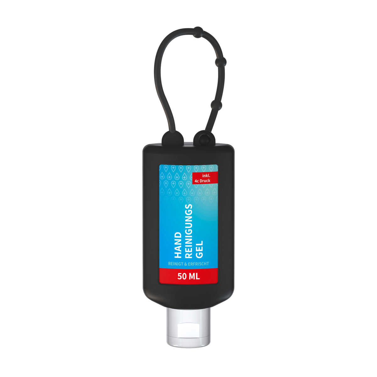 Handreinigungsgel 50 ml Flasche mit Silikonhülle zum Anhängen – Schwarz